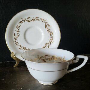 Vintage Royal Worcester Saguenay White and Gold Floral Tea Cup and Saucer Set